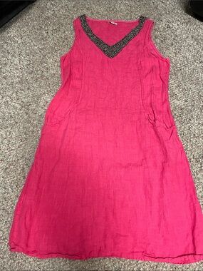 Lina tomei 100% linen Sleeveless Pink V-Neck Embellished beaded neck Dress